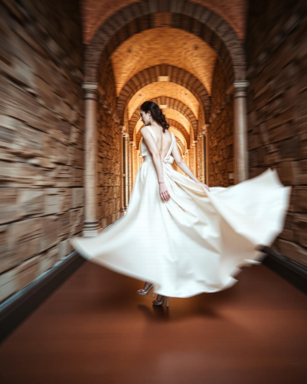 Woman in flowing silk gown